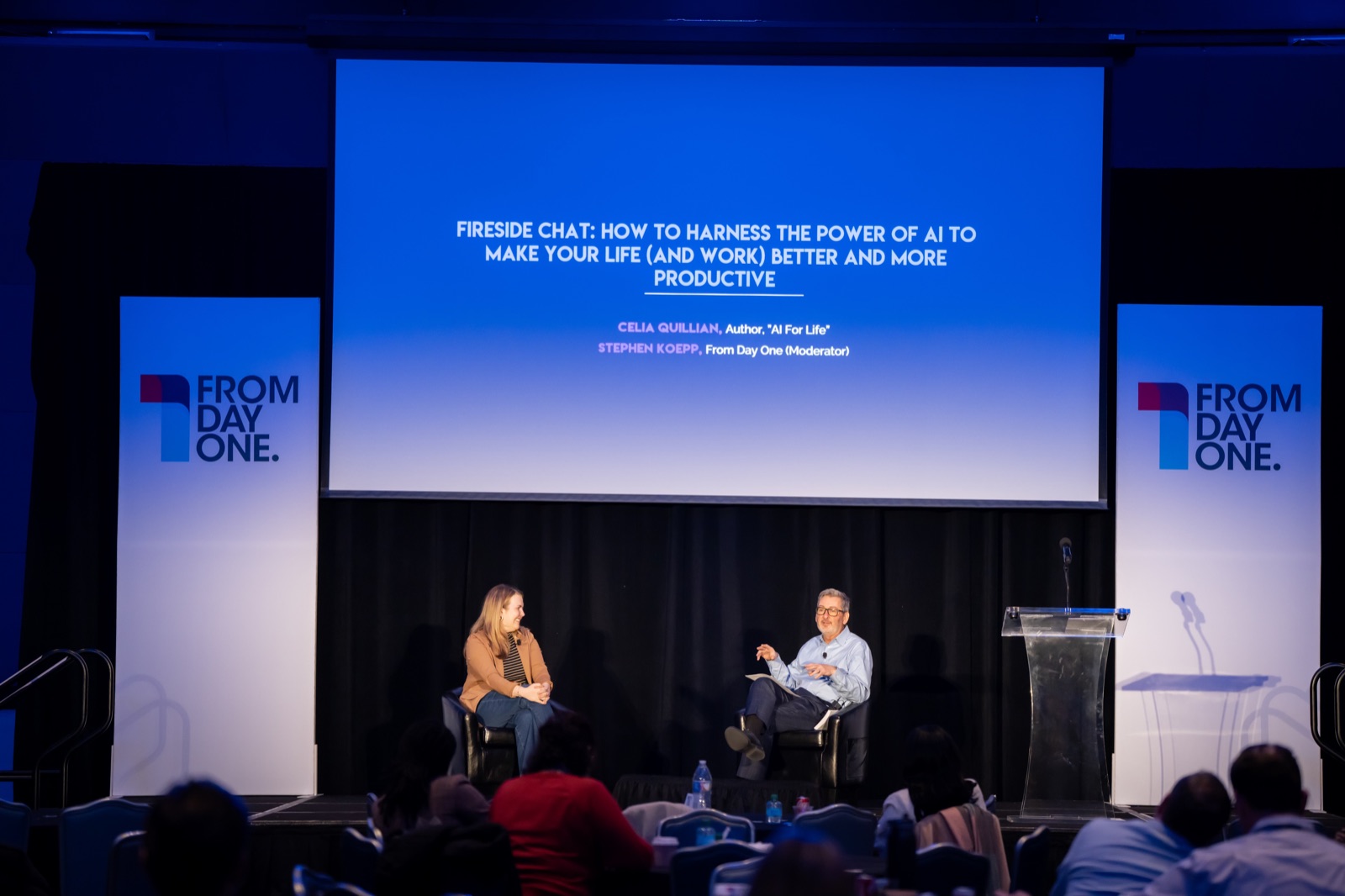 Celia Quillian leading an AI discussion with an in-person conference audience in Atlanta